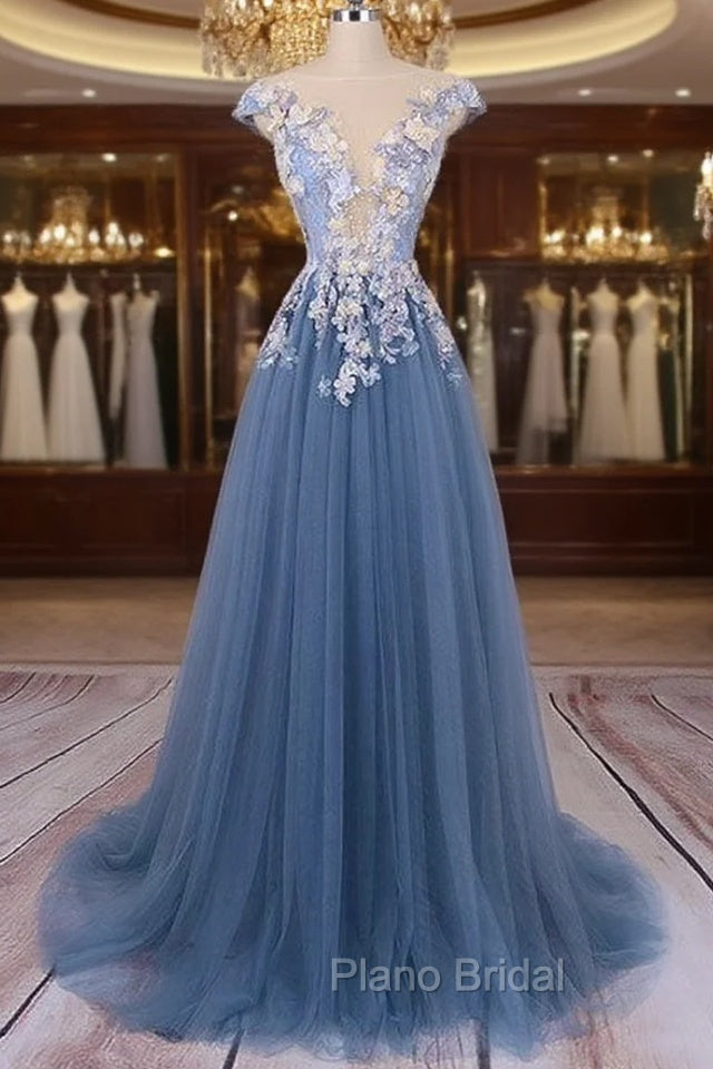 Unique Round Neck Applique Tulle Long Formal Prom Dresses, Tulle Evening Dresses