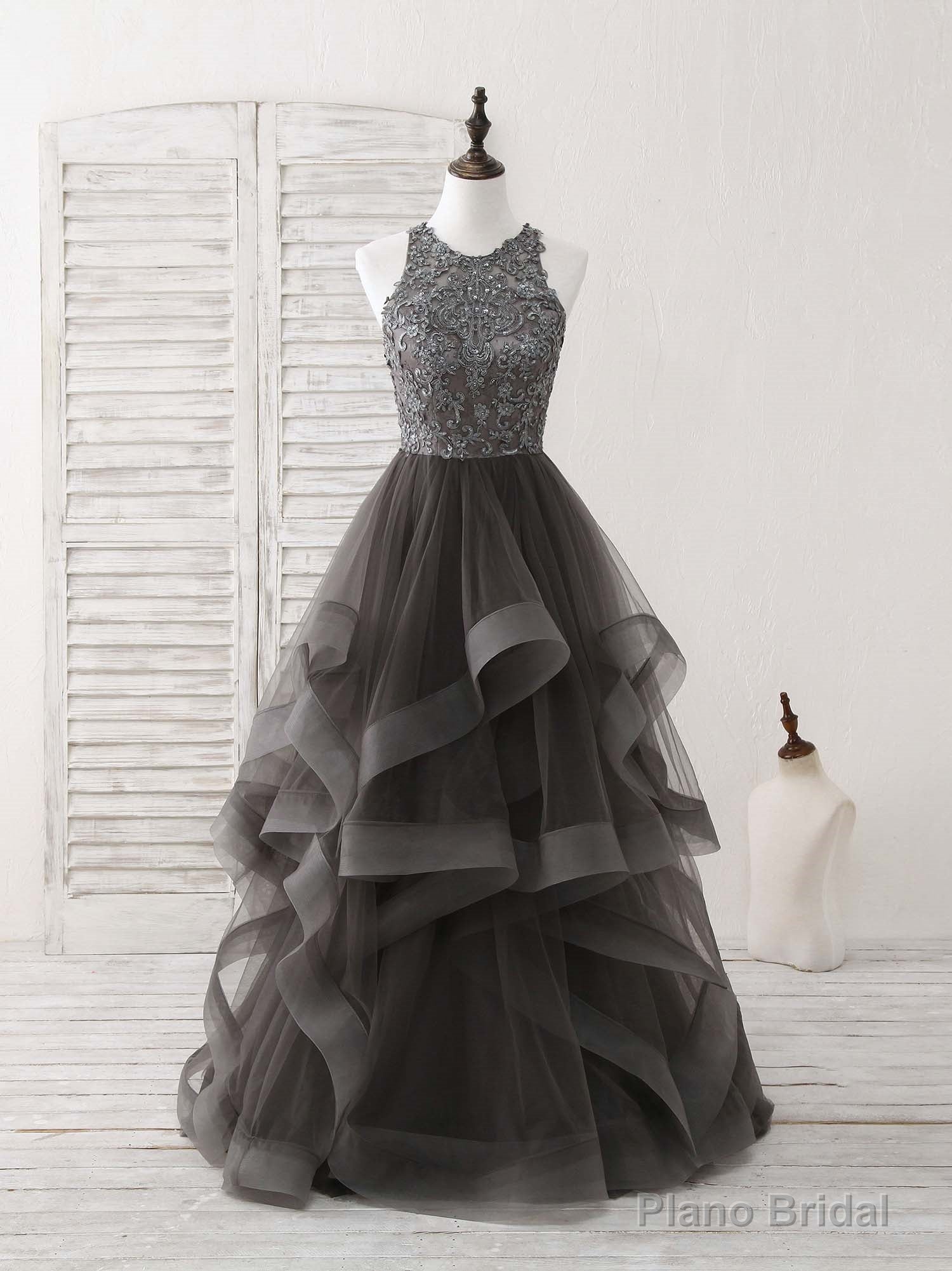 Unique Round Neck Lace Applique Tulle Long Prom Dresses Main image