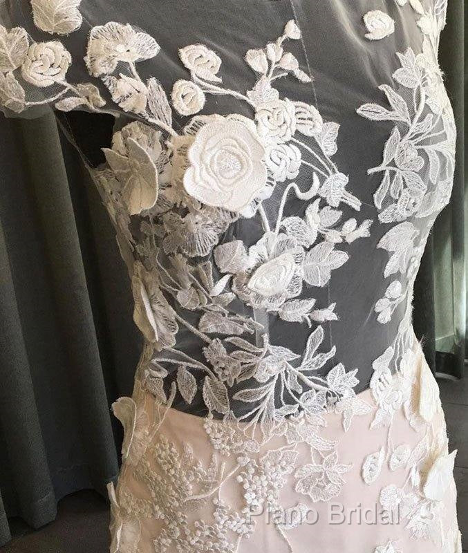 Unique Round Neck Tulle Lace Long Formal Prom Dresses, Lace Formal Dresses