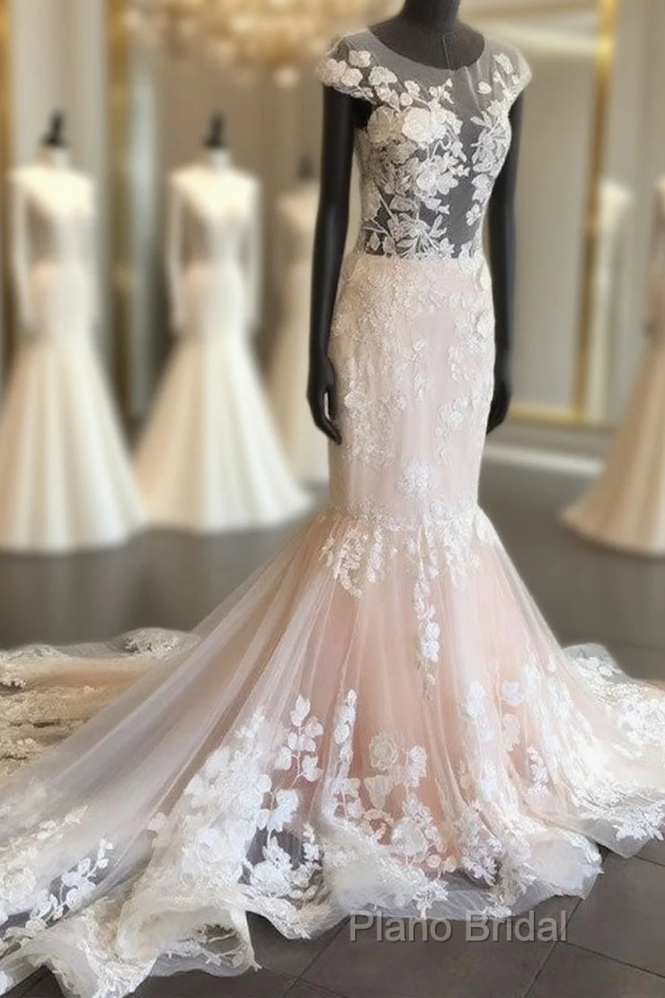 Unique Round Neck Tulle Lace Long Formal Prom Dresses, Lace Formal Dresses Main image