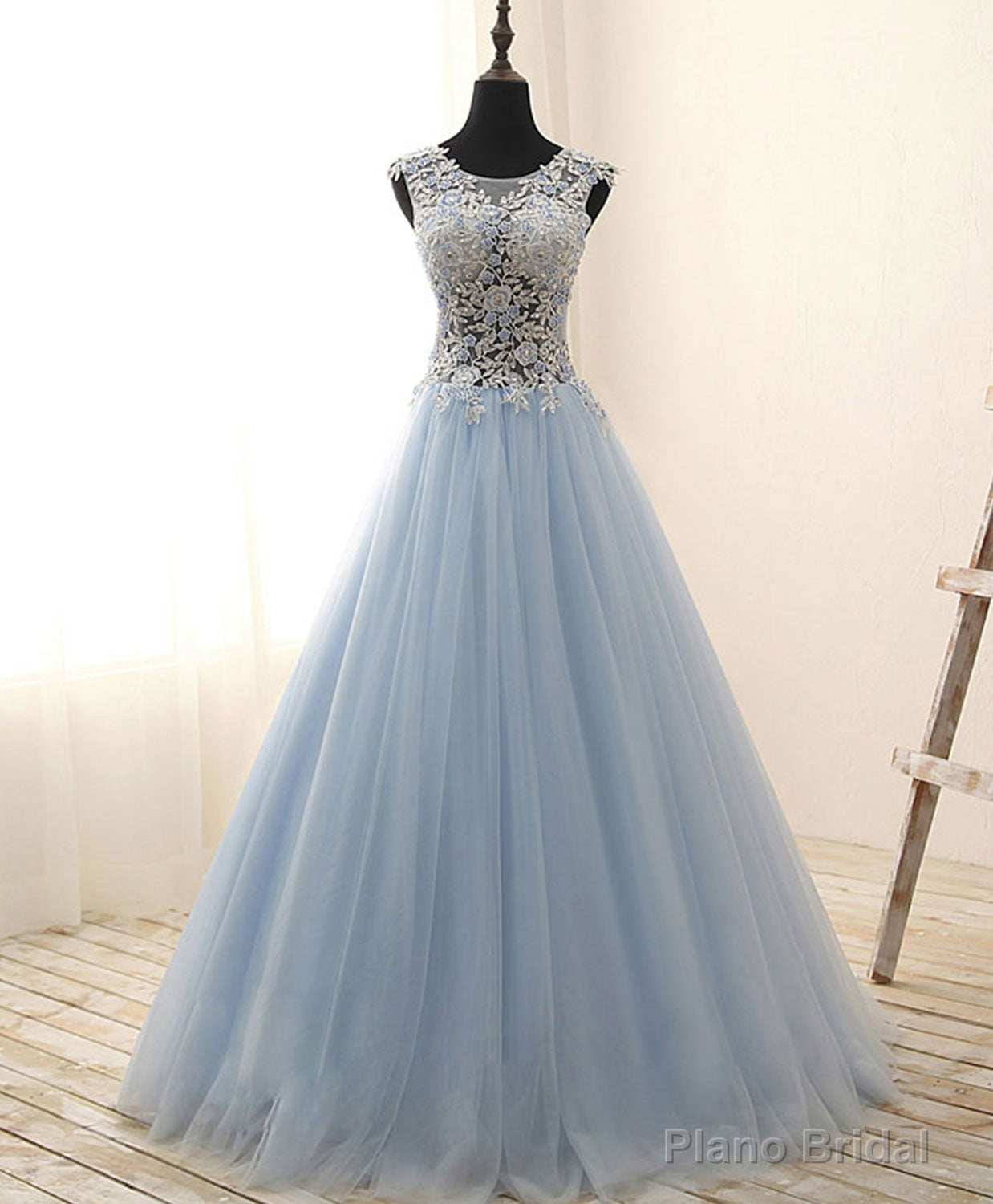 Unique Round Neck Tulle Lace Long Prom Dress, Long Evening Dress Main image