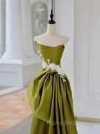 Unique Satin Flower Green Long Formal Prom Dresses, Green Long Formal Dresses