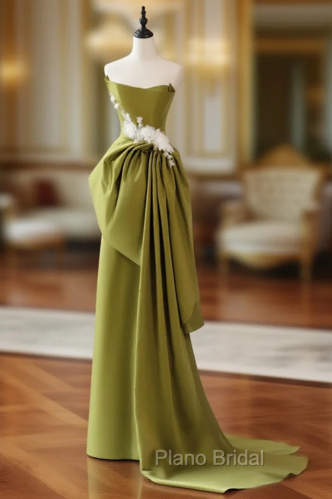 Unique Satin Flower Green Long Formal Prom Dresses, Green Long Formal Dresses Main image