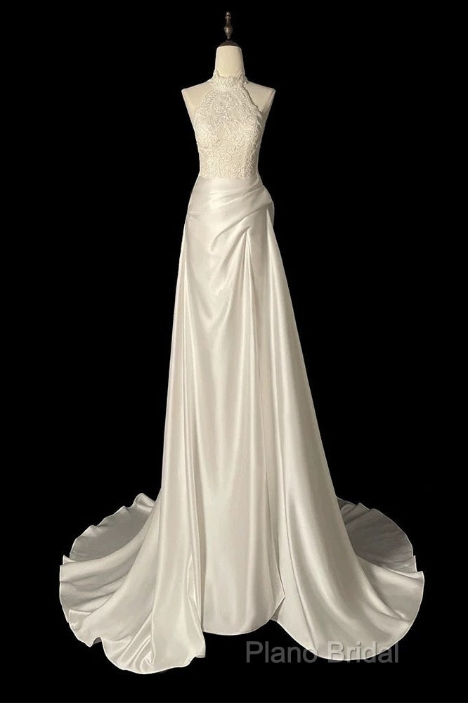 Unique Sheath High Neckline Satin Lace Ivory Wedding Dresses