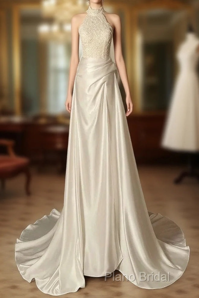 Unique Sheath High Neckline Satin Lace Ivory Wedding Dresses Main image