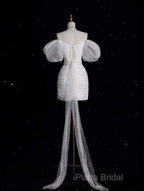 Unique Sheath Off The Shoulder Sequin Short Sleeves White Wedding Dresses Brides Dresses