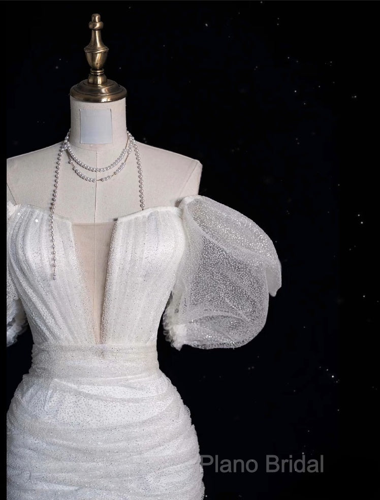 Unique Sheath Off The Shoulder Sequin Short Sleeves White Wedding Dresses Brides Dresses
