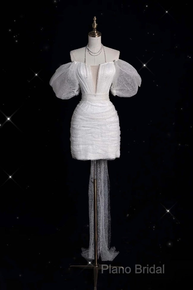 Unique Sheath Off The Shoulder Sequin Short Sleeves White Wedding Dresses Brides Dresses