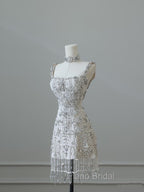 Unique Sheath Spaghetti Straps Silver Wedding Dresses Brides Dresses