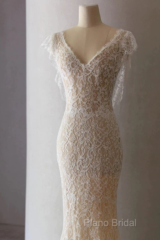 Unique Sheath V Neckline Cap Sleeves Lace Ivory Wedding Dresses Secondary image