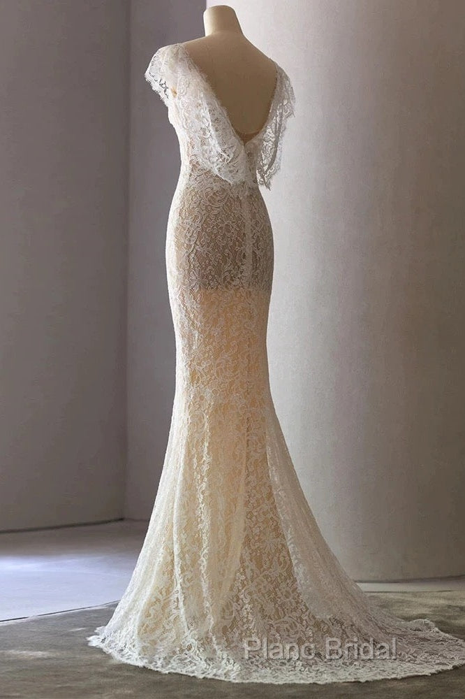 Unique Sheath V Neckline Cap Sleeves Lace Ivory Wedding Dresses