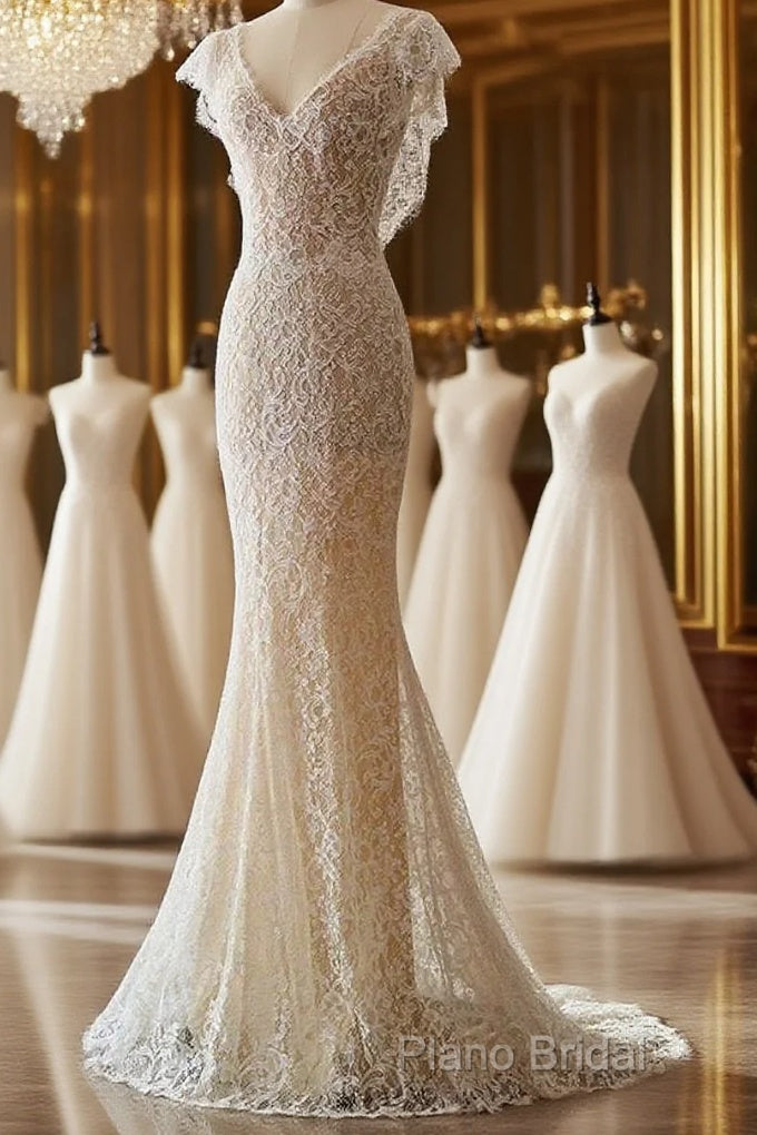 Unique Sheath V Neckline Cap Sleeves Lace Ivory Wedding Dresses
