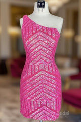Unique Sleeveless One Shoulder Sequined Pink Homecoming Dresses