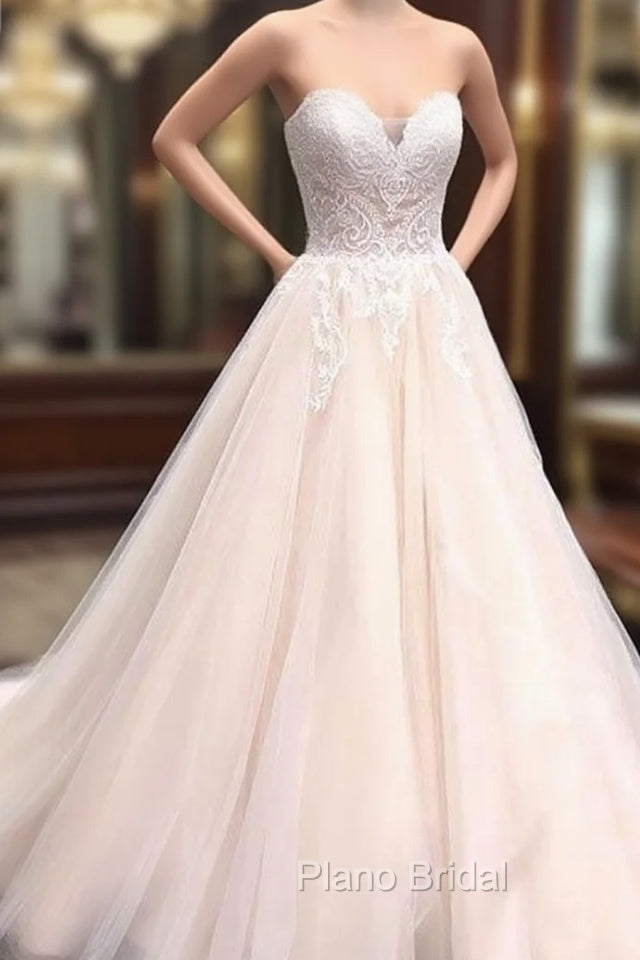 Unique Sweetheart Neck Tulle Lace Applique Long Wedding Dresses, Lace Bridal Dresses Main image