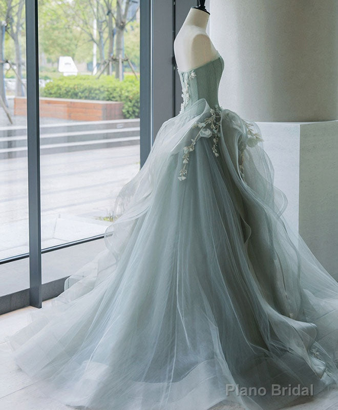 Unique Tulle Lace Gray Green Long Prom Gown, Tulle Lace Evening Dress Main image