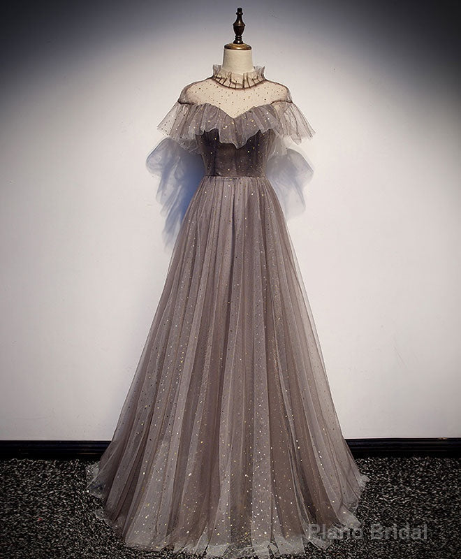 Unique Tulle Long Prom Dress, Tulle Gray Evening Dress