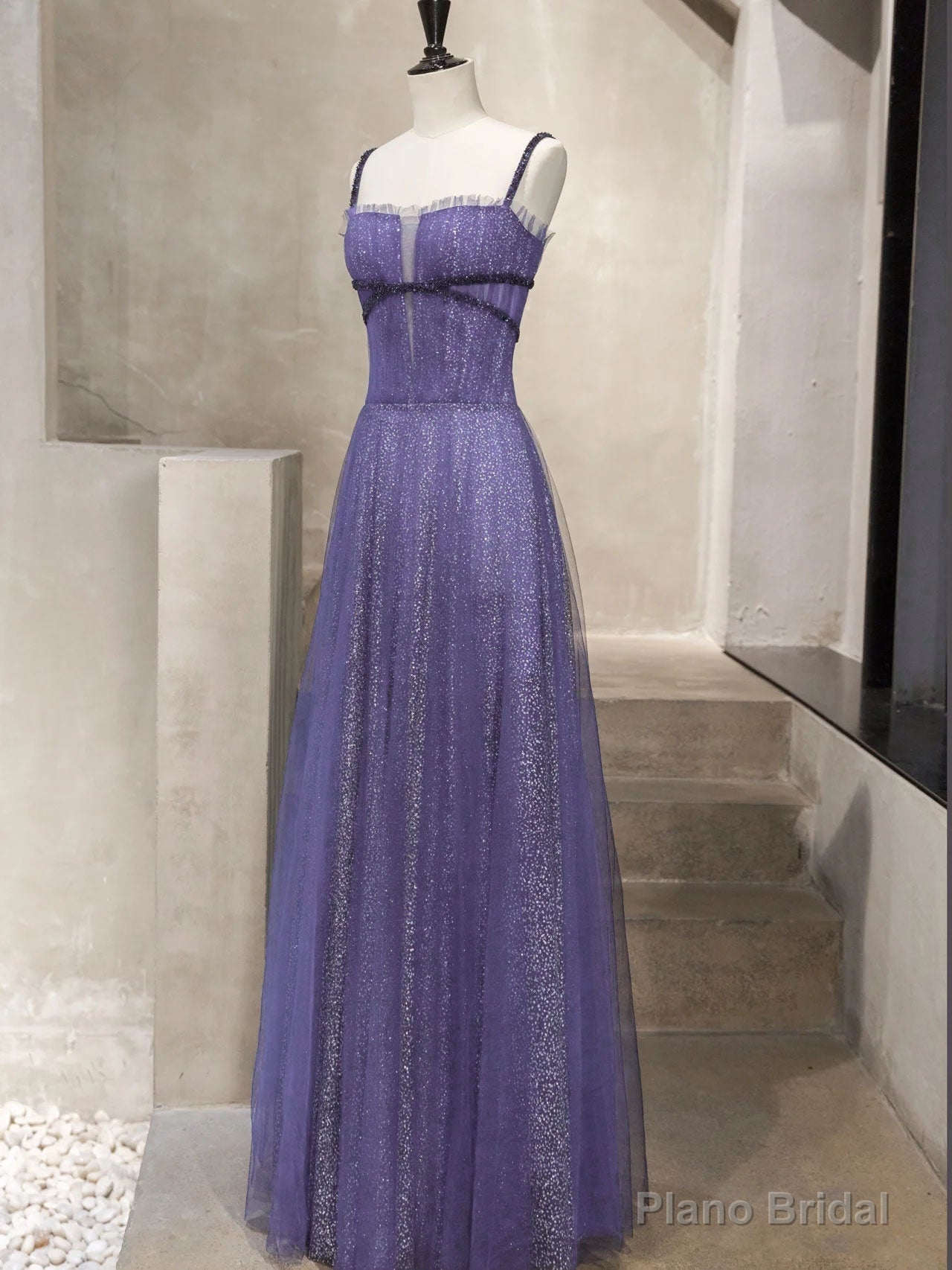 Unique Tulle Sequin Long Prom Dress, Tulle Sequin Graduation Dresses Main image