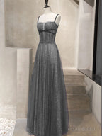 Unique Tulle Sequin Long Prom Dress, Tulle Sequin Graduation Dresses