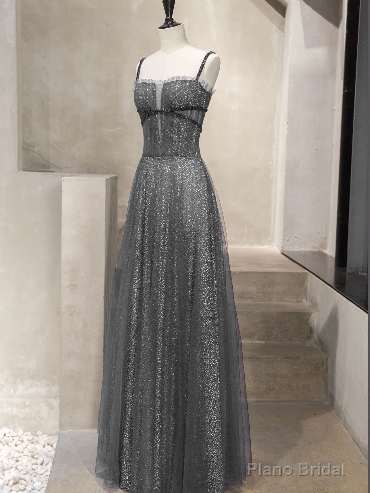 Unique Tulle Sequin Long Prom Dress, Tulle Sequin Graduation Dresses