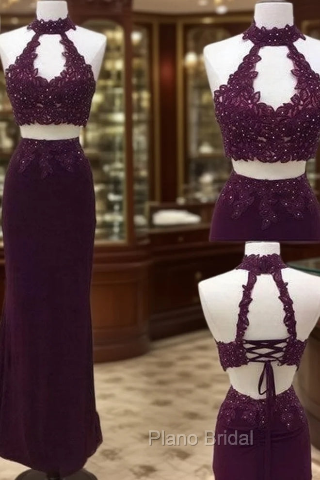 Unique Two Pieces Lace Applique Long Formal Prom Dresses, Lace Evening Dresses