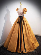 Unique V-Neck Beaded Floor Length Formal Prom Dresses, Beautiful A-Line Short Sleeve Party Dresses