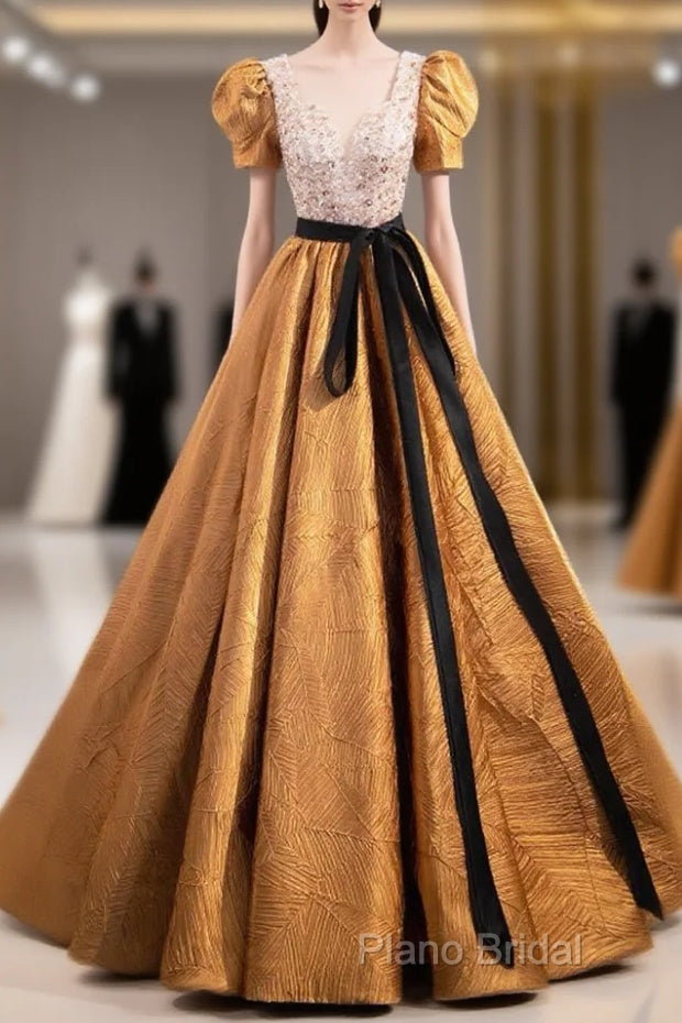 Unique V-Neck Beaded Floor Length Formal Prom Dresses, Beautiful A-Line Short Sleeve Party Dresses Main image