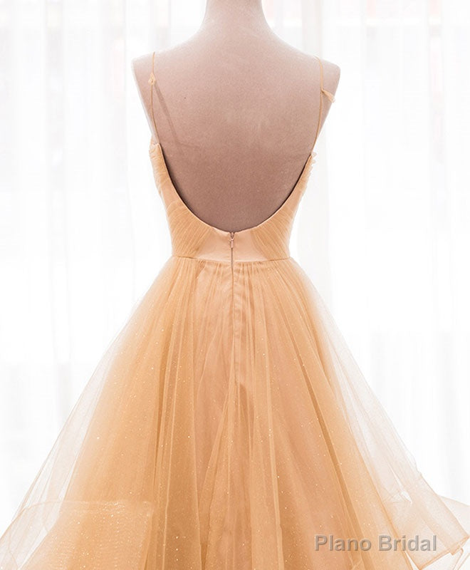 Unique V Neck Tulle A-Line Long Prom Dress Tulle Formal Dress