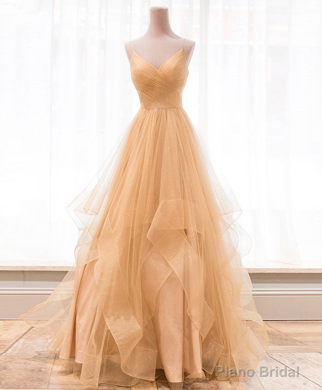 Unique V Neck Tulle A-Line Long Prom Dress Tulle Formal Dress Main image