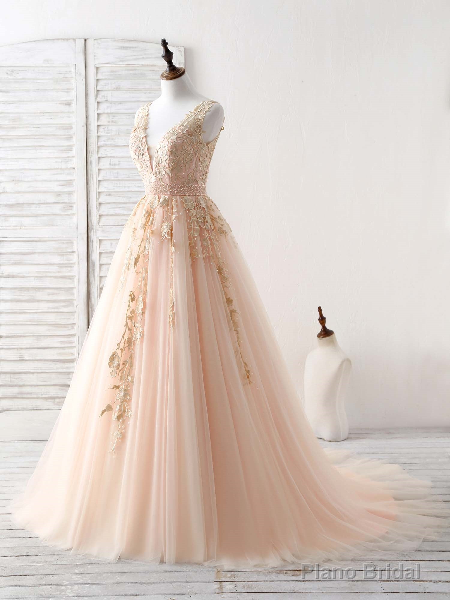 Unique V Neck Tulle Lace Applique Long Prom Dress, Evening Dress Main image