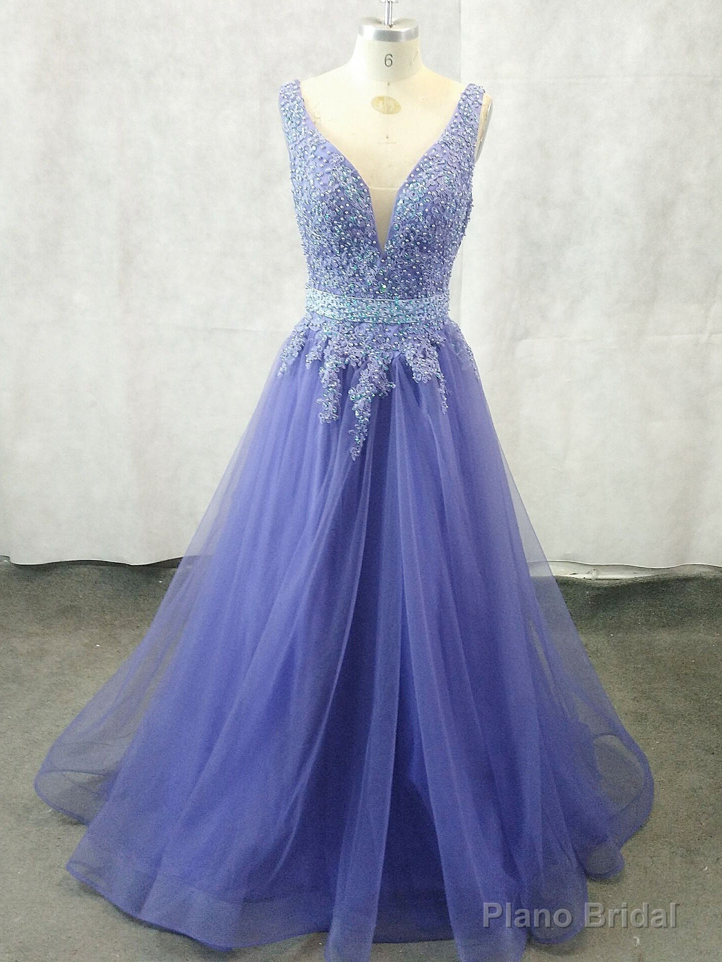 Unique V Neck Tulle Lace Applique Long Prom Dress, Tulle Evening Dress Main image