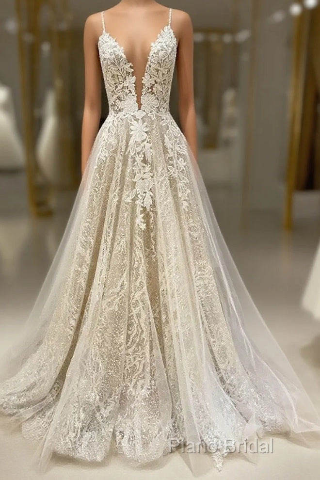 Unique V Neck Tulle Lace Long Formal Prom Dresses Lace Tulle Formal Dresses