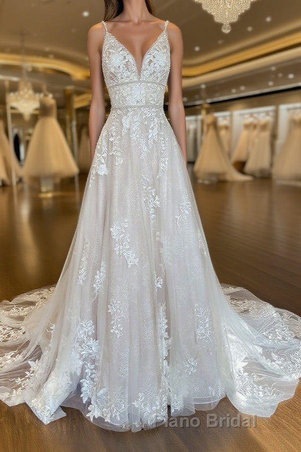 Unique v neck tulle lace long Formal Prom dress, lace wedding dress