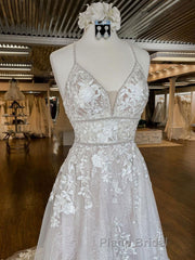 Unique v neck tulle lace long Formal Prom dress, lace wedding dress