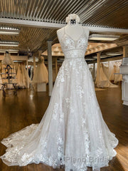 Unique v neck tulle lace long Formal Prom dress, lace wedding dress