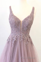 Unique v neck tulle lace long Formal Prom dress, tulle evening dress
