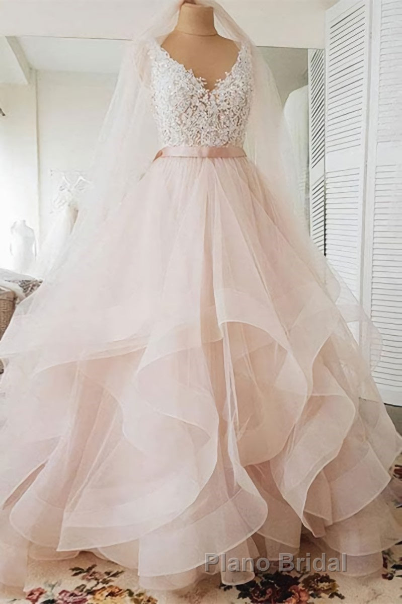 Unique v neck tulle lace long Formal Prom dress, tulle wedding dress Secondary image