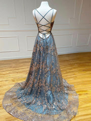 Unique v neck tulle sequin long Formal Prom dress, sequin long evening dress