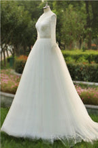 V-Neck A-Line Floor Length Tulle Wedding Dresses With Beading Long Sleeves