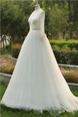 V-Neck A-Line Floor Length Tulle Wedding Dresses With Beading Long Sleeves