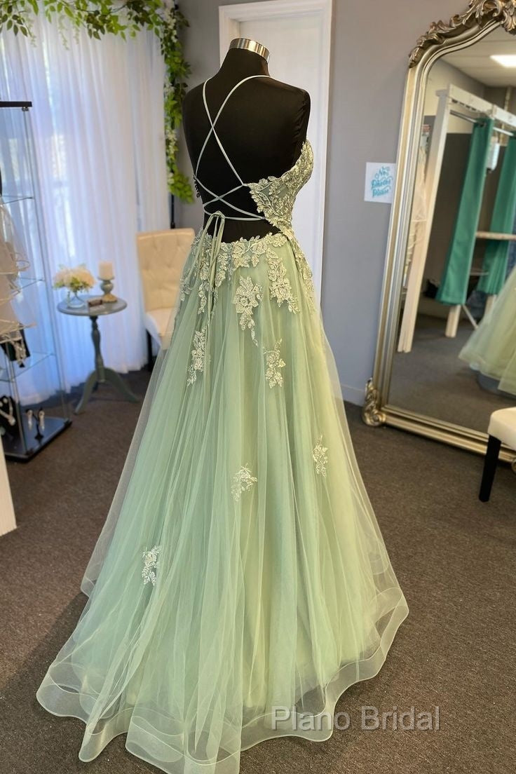 V Neck A Line Green Tulle Long Formal Prom Dresses With Applique Secondary image