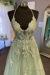 V Neck A Line Green Tulle Long Formal Prom Dresses With Applique