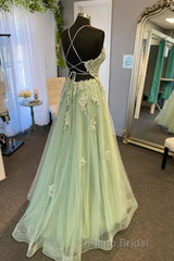 V Neck A Line Green Tulle Long Formal Prom Dresses With Applique