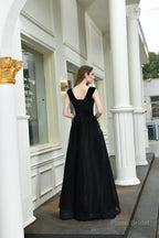 V Neck A-Line Tulle Floor Length Black Prom Dresses with Appliques