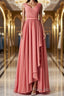 V Neck and V Back High Low Coral Chiffon Long Formal Prom Dresses, Long Coral Formal Evening Bridesmaid Dresses with Slit