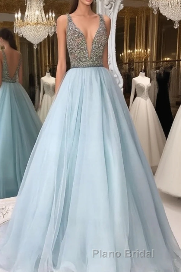 V Neck And V Back Sequin Tulle Long Blue Formal Prom Dresses, Blue Evening Dresses Main image