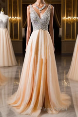 V Neck And V Back Sequins Chiffon Formal Prom Dresses, Long Formal Dresses, Evening Dresses
