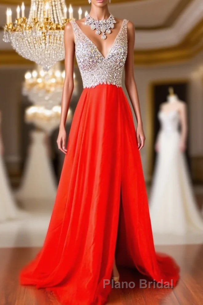 V Neck And V Back Sequins Chiffon Red Formal Prom Dresses, Long Red Formal Dresses, Evening Dresses Main image