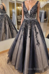 V Neck Backless Black Lace Long Formal Prom Dress, Black Lace Formal Dress, Black Evening Dress