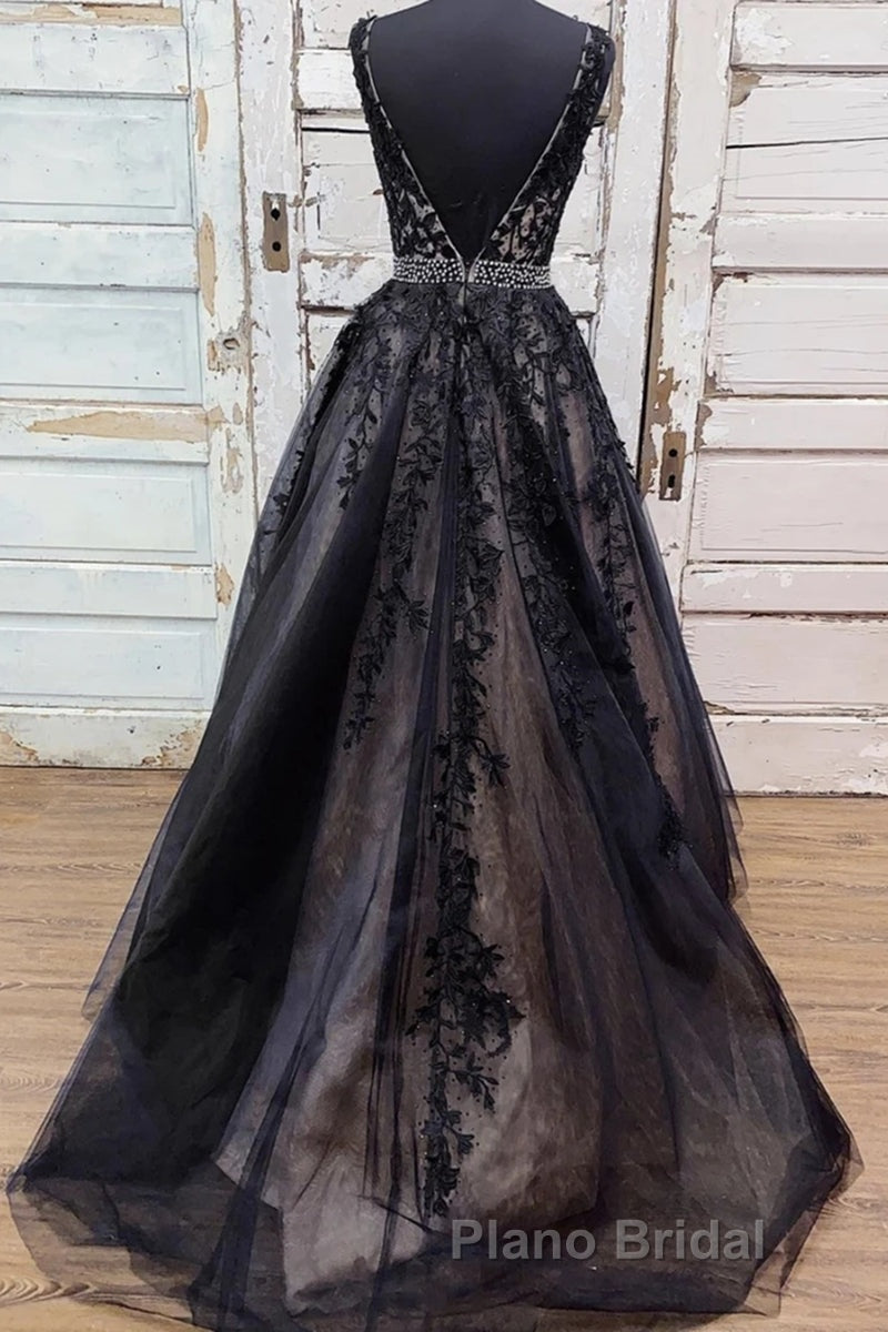 V Neck Backless Black Lace Long Formal Prom Dress, Black Lace Formal Dress, Black Evening Dress