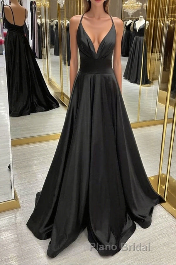 V Neck Backless Black Satin Long Formal Prom Dresses, Backless Black Formal Dresses, Black Evening Dresses Main image